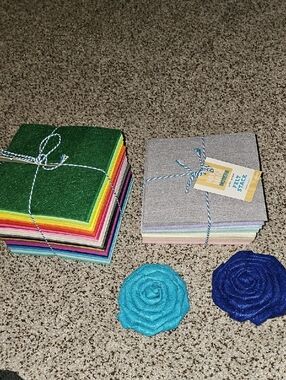 Hand Made Modern Lot Of Assorted Felt Fabric Squares Bundle with Felt Rosettes